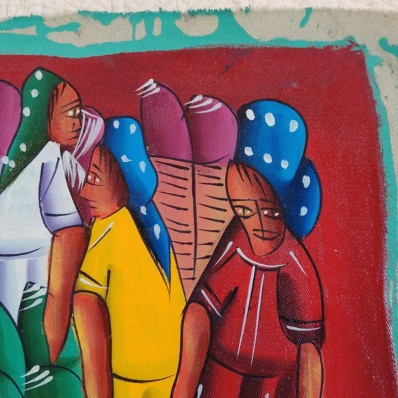 Vintage Wilner Haitian Island Market Oil Painting On Canvas From 1970s, Signed